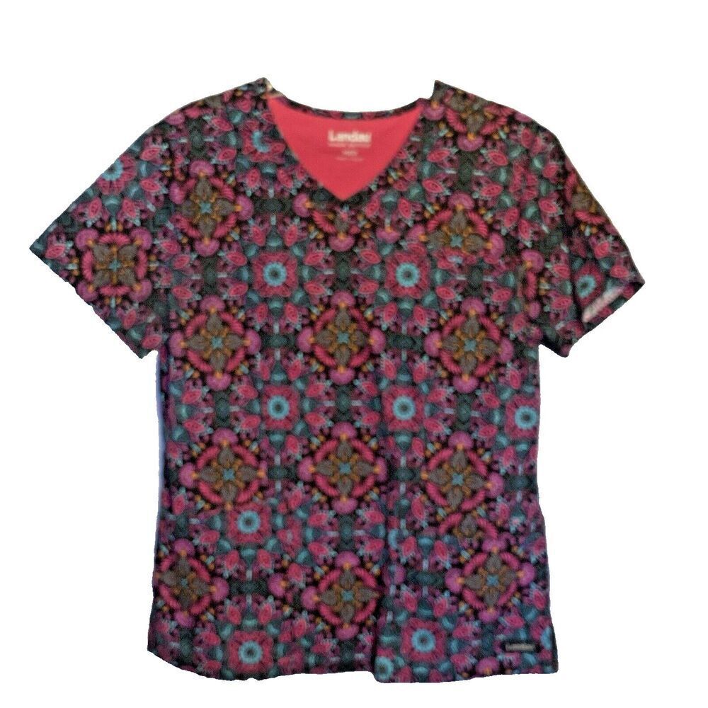 Landau Scrub Top Women's Medium Short Sleeve V-Neck Medical Nursing Vet Shirt